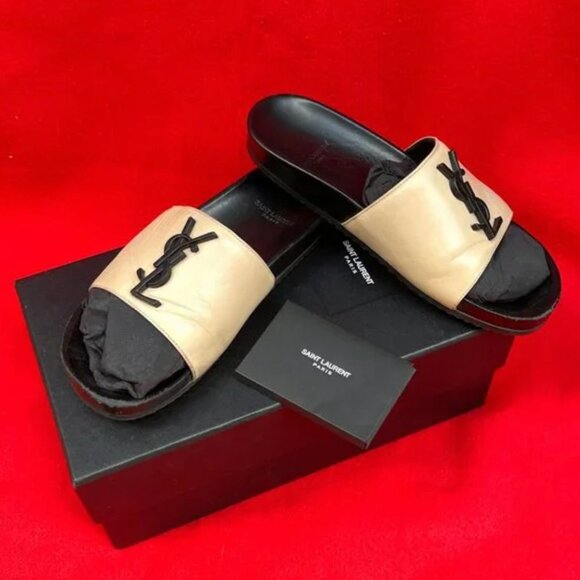 Saint Laurent Joan YSL Brooch Leather Slide Sandal - Picture 1 of 11